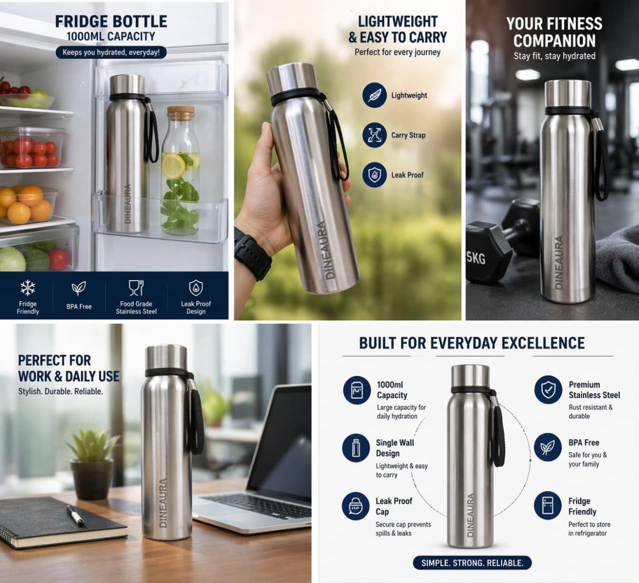 stainless steel water bottle 1000ml | single wall fridge bottle | leak proof cap | bpa free | office, gym & travel bottle (silver) stainless steel water bottle 1000ml | single wall fridge bottle | leak proof cap | bpa free | office, gym & travel bottle (silver)