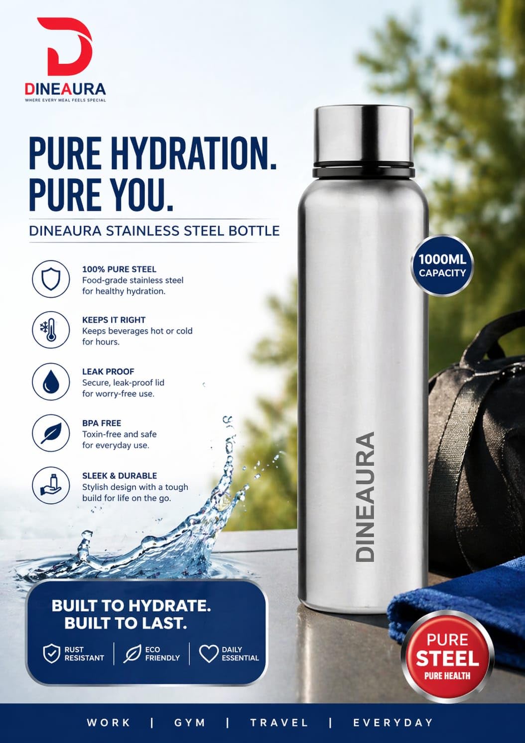stainless steel water bottle 1000ml | single wall fridge bottle | leak proof cap | bpa free | office, gym & travel bottle (silver) stainless steel water bottle 1000ml | single wall fridge bottle | leak proof cap | bpa free | office, gym & travel bottle (silver)