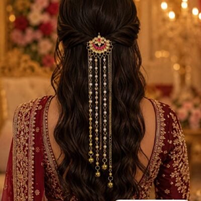 Kundan Hair Brooch with Pearl Chain Tassels Kundan Hair Brooch with Pearl Chain Tassels
