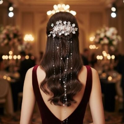 White Flower Hair Comb with Pearl Strands White Flower Hair Comb with Pearl Strands