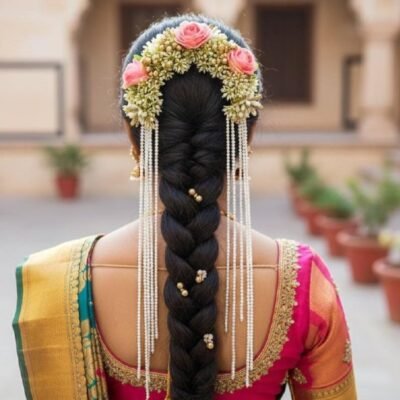 Floral Gajra Veni with Pearl Strings Floral Gajra Veni with Pearl Strings
