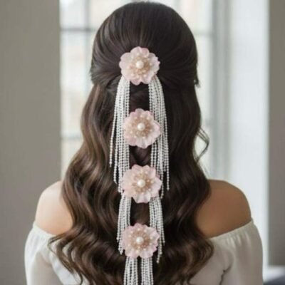 Pink Flower Pearl Tassel Hair Accessory