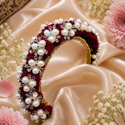 Maroon Velvet Pearl Stone Hairband