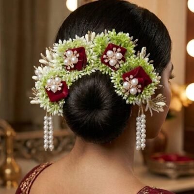 Green-White Floral Bun Gajra with Velvet Flowers