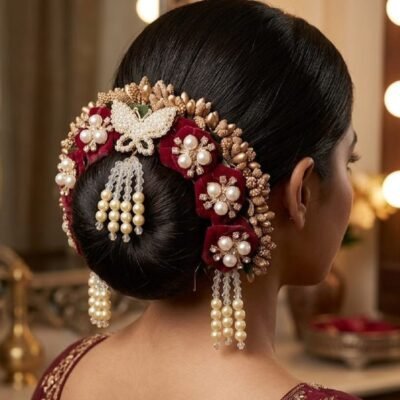 Maroon Velvet Butterfly Bun Accessory with Pearl Tassels