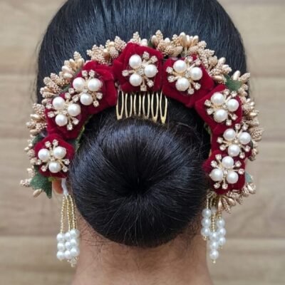Maroon Velvet Pearl Flower Bun Comb with Tassels