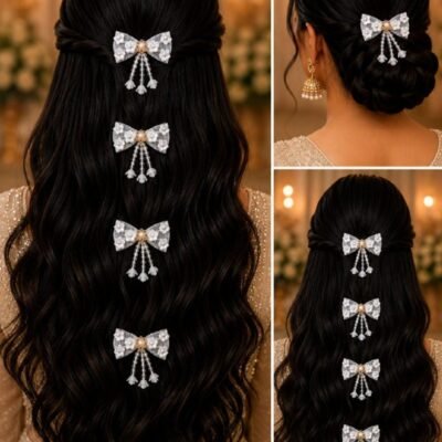 White Pearl Bow Hair Clips with Bell Tassels