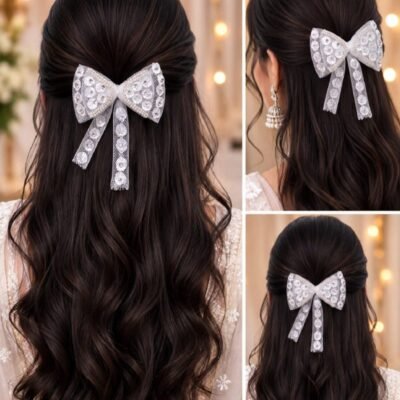 White Lace Pearl Bow Clip with Ribbon Tails