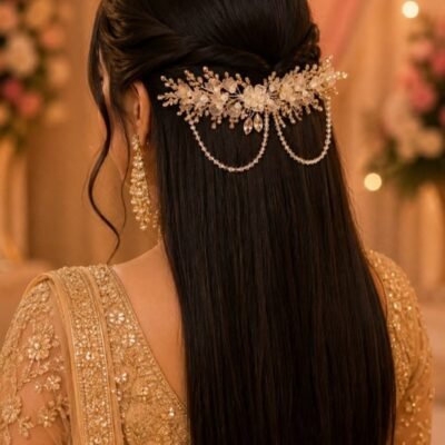 Gold Cream Floral Pearl Hair Piece