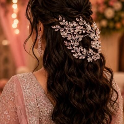 Pink Crystal Leaf Spray Hair Piece